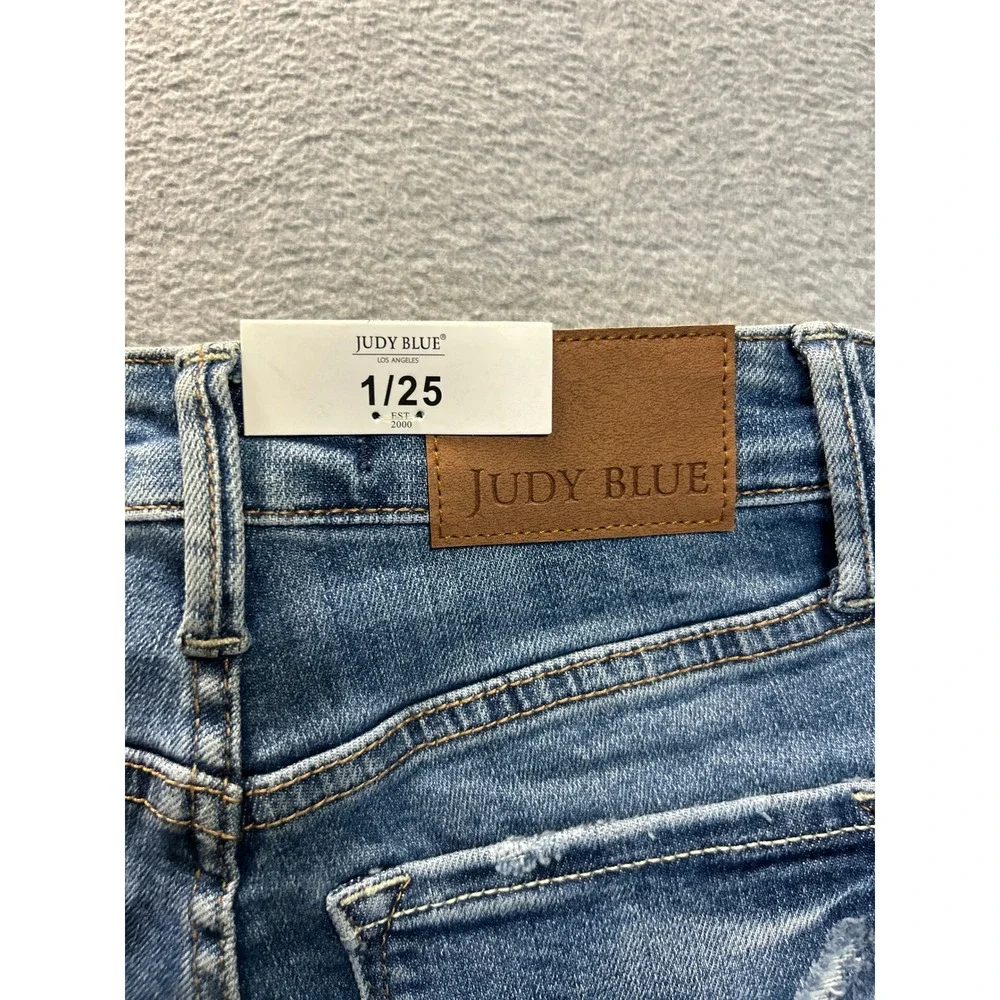 Judy Blue High Rise Wide Leg Jeans Womens 1/25 Distressed Stretch Med Blue Denim